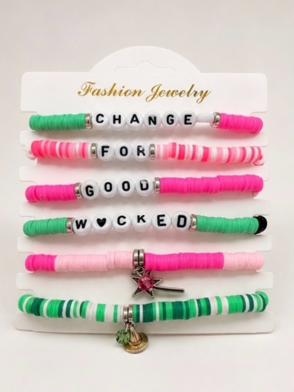 Fashion Jewelry Pink & Green Beaded Bracelet Stack with Letter Beads and Charms